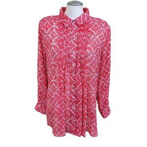 Christina B Womens Blouse XXL Chiffon Semi Sheer Geometric Floral Coral Pleated